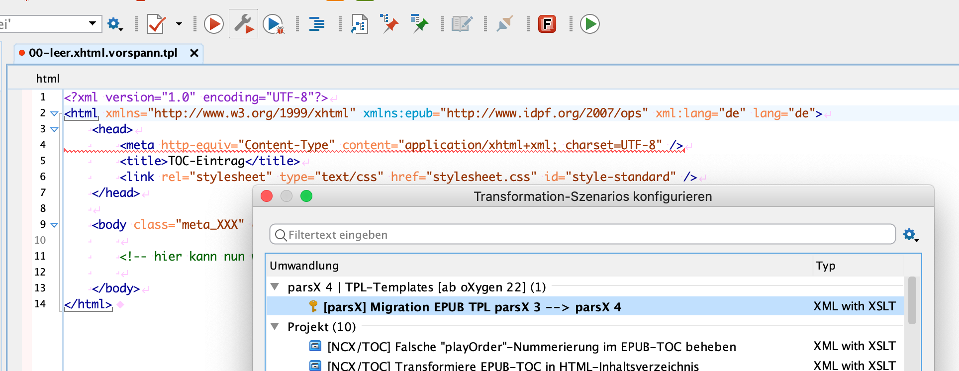 Oxygen-Transformationsszenaria für die Migration von EPUB TPL-Templates